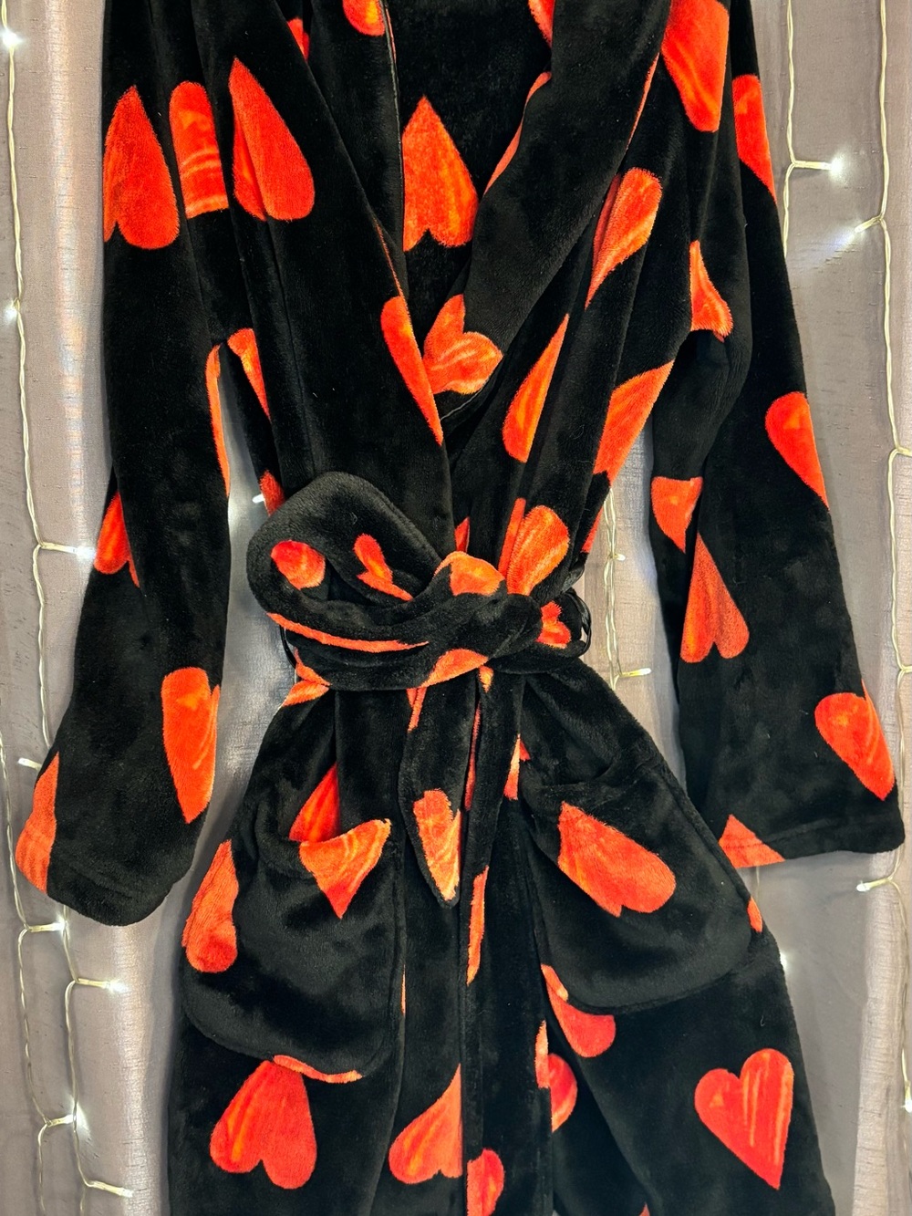 Victoria's Secret Black Plush Robe with Red Heart Print